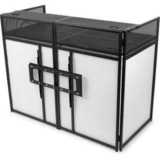 Vonyx DB6 Pro - DJ Tisch, faltbares DJ Pult mit TV Halterung bis 65 Zoll, mobil und klappbar, DJ Booth mit weißer und schwarzer Verkleidung, mobiler DJ Stand, DJ Equipment für mobile DJs auf Events