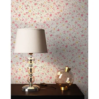 Newroom Vliestapete, Weiß Tapete Landhaus Blumen - Blumentapete Rosa Grau Romantisch Floral Blüten Wiese für Wohnzimmer Schlafzimmer Büro, Blumentapete, modern beige