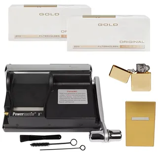 Powermatic 1 Plus Elite Zigarettenstopfmaschine I Zigarettenstopfer Zigarettenmaschine Zigarettenfertiger Zigarettenhülsen Filterhülsen Benzinfeuerzeug Alu Box mit Magnetverschluss (Gold Set)