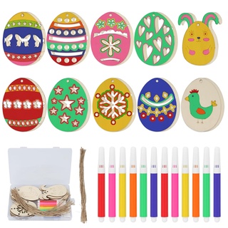 FINEASY 53 Stück Ostern Basteln Holz Set, Holzanhänger Ostern Zum Bemalen, Ostern Anhänger Holz, Bastelset für Kinder, Osterdeko Holz Ostereier Osterhasen mit Acrylstifte Hanfseil