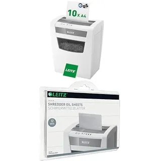 Leitz 80090000 IQ Home Office Aktenvernichter (Partikelschnitt, Sicherheitsstufe P4, 10 Blatt Kapazität, 23L Abfallbehälter) weiß & IQ Ölblätter, Packung mit 12 Stück, für IQ und andere Marken