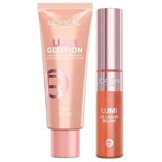 L'Oréal Paris Highlighter- und Blush-Set, Perfect Match Lumi Glotion, Farbe 902 Light Glow, 40 ml sowie L'Oréal Paris Lumi Le Liquid Blush, Farbe Glowy Warm Peach 627, 10 ml