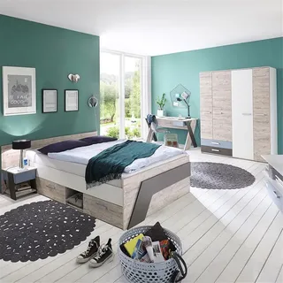 Lomadox Jugendzimmer Set Mit Bett 140x200 Cm Und Schreibtisch 4-teilig Leeds-10 In Sandeiche Nb. Mit Weiß, Lava Und Denim Blau