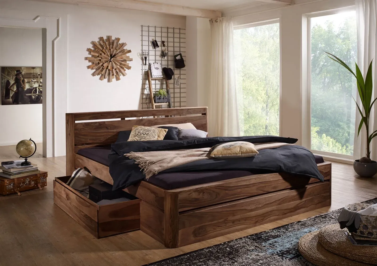 Bett mit Schublade Sheesham 200x200 rot-braun gebeizt TORONTO #159