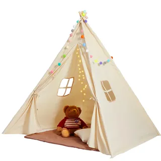 Vevor Spielzelt Kinder, Tipi-Zelt 1–5 Jahre, Kleinkinderzelt mit Matte und dekorativen Plüschbällen, Zelt für Kinder mit Fenstern für drinnen & draußen Beige