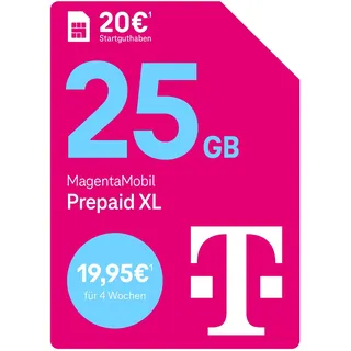 Telekom MagentaMobil Prepaid XL mit 25 GB Highspeed-Volumen | 5G/LTE Max & Allnet Flat in alle dt. Netze | unverbrauchtes Datenvolumen weiter nutzen | EU Roaming & Hotspot Flat | 20 EUR Startguthaben