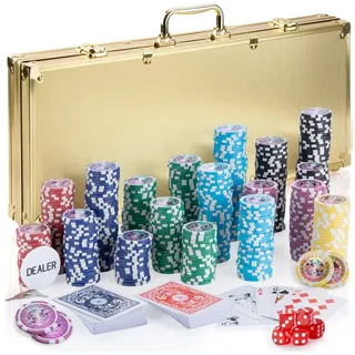 Goods+Gadgets Spiel Goods+Gadgets Profi Poker Set – Pokerkoffer mit 300–500 Chips Zuhause, Pokerset inkl. 300-500 Poker-Chips, Casino für Zuhause goldfarben