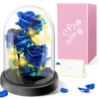 Geschenke für Frauen Weihnachten, Geschenk zum Muttertag - Premium Rose Blume Geschenk, Ewige Rose im Glas Mit Lichter, 3 Blau Rose in Glaskuppel, Muttertagsgeschenk für Mama Mutter Großmutter Oma