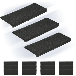 Relaxdays Stufenmatten 15er Set, rechteckige Treppenstufenmatten, 65 x 24 cm, Selbstklebende Treppenteppiche, dunkelgrau