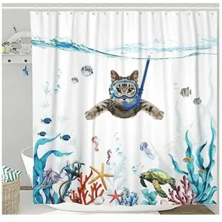 Lustiger Duschvorhang Mit Katzenmuster, Wasserdichter Stoff In Türkis Und Ozeanblau Mit Tiermotiv, Badezimmerdekoration (180 X 180 Cm) - Crezuo