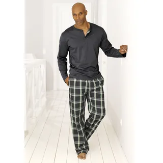 H.I.S. H.I.S Pyjama (2 tlg 1 Stück), Schlafanzug mit langer karierter Webhose Gr. 56/58, grau-grün, , 418383-56