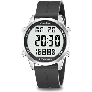 Hearkent Herren Schrittzähler Uhr Ohne Bluetooth,30M wasserdichte,Großen Ziffern,Senioren Schrittzähler Armbanduhr Senioren Ohne App,mit Countdown/Alarm/Kalorienzähler(Silikon Schwarz)