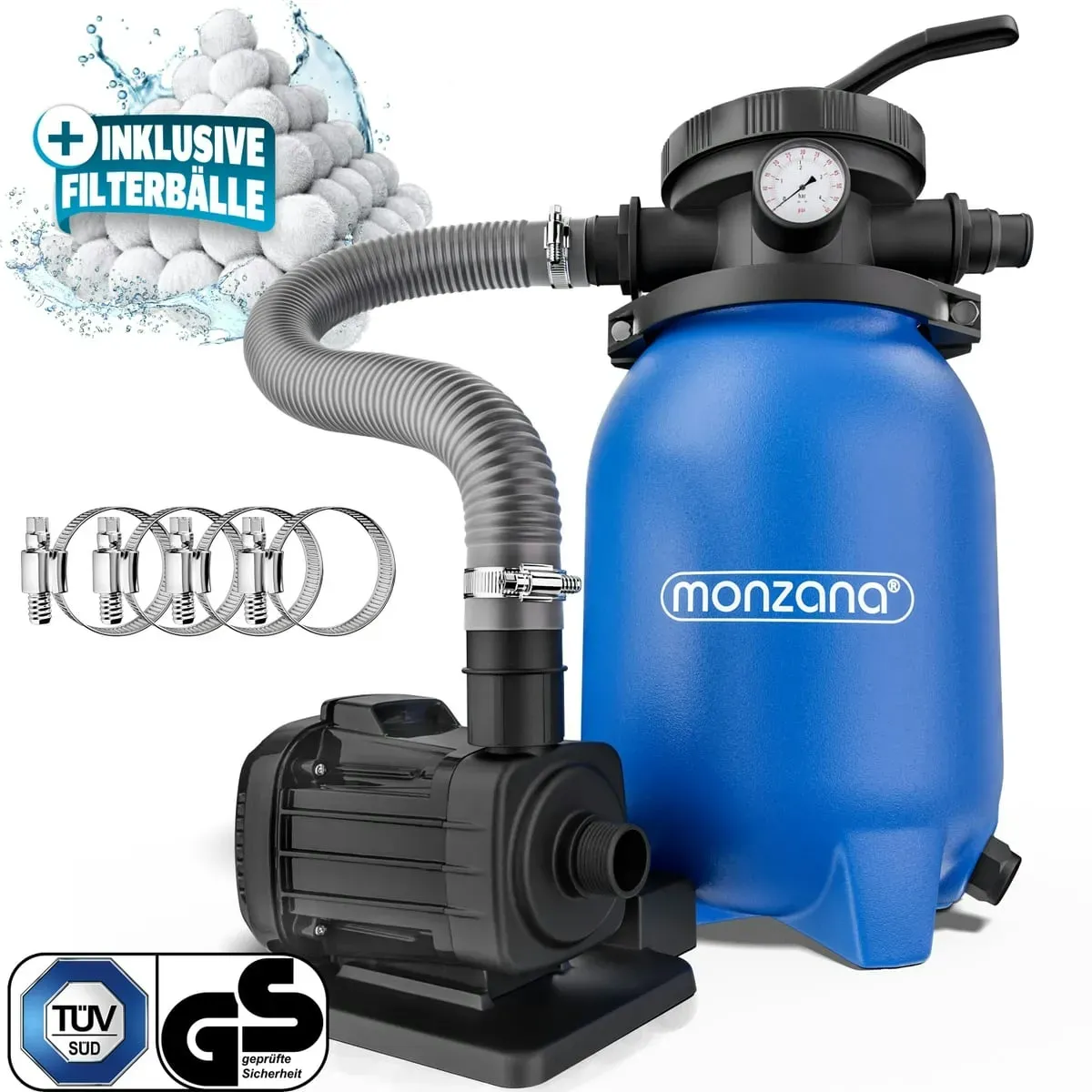 Monzana® Sandfilteranlage MZPP100 5000 l/h bis 20.000L Pool inkl Filterbällen 7 Wege Ventil