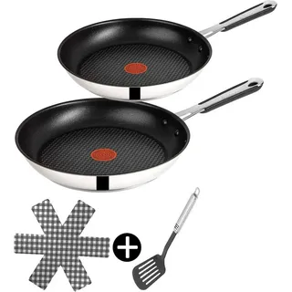Tefal Pfannen-Set Jamie Oliver E76 Pfannenset 24+28cm, Pfanne alle Herdarten + Induktion, Edelstahl 18/10 (Pfanne, Bratpfannen Set, Pfannenset, Wok, Wokpfanne, Schmorpfanne, Pfannen + 1 Wender & Filzschoner, Bratpfannen Set, Antihaftbeschichtet), ohne Fett / Öl braten