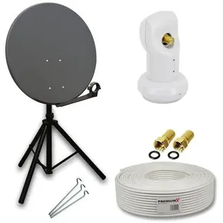 PremiumX Camping Satelliten-Komplettanlage 80cm Satellitenschüssel SAT Single LNB 10m Kabel F-Stecker Dreibein-Stativ