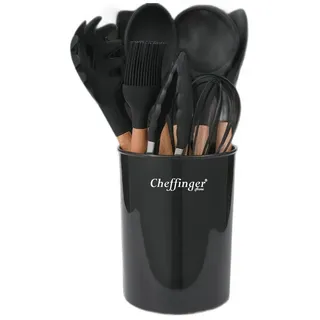 Cheffinger Kochbesteck-Set 12-tlg Silikon Holzgriff schwarz