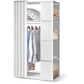 LEADZM Kleiderschrank offen mit Vorhang, Kleiderständer 5 Fächern freistehende Garderobe mit Kleiderstangen, Stoffablagen, Metallrahmen, 88 x 44 x 162 cm (Weiß, 88x44x162cm)