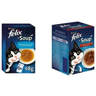 FELIX Soup, Suppe für Katzen mit zarten Stückchen & Soup, Suppe für Katzen mit zarten Stückchen, Geschmacksvielfalt vom Land, 8er Pack (8 x 6 Beutel à 48g)