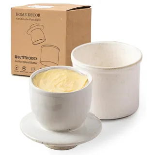 HOME DECOR Butterdose Keramik, Butterglocke mit Deckel, Französische Butterdose für Frische und Streichfähige Butter - Gesprenkeltes Weiß