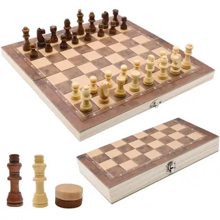 Schachspiel Holz Hochwertig, 3 In 1 Schach, Tragbare Schachbrett, Chess Board Klappbar, Abschließbarer Koffer, Set für Party Familie Aktivitäten,reiseschach, Kinder (29x29x2cm)