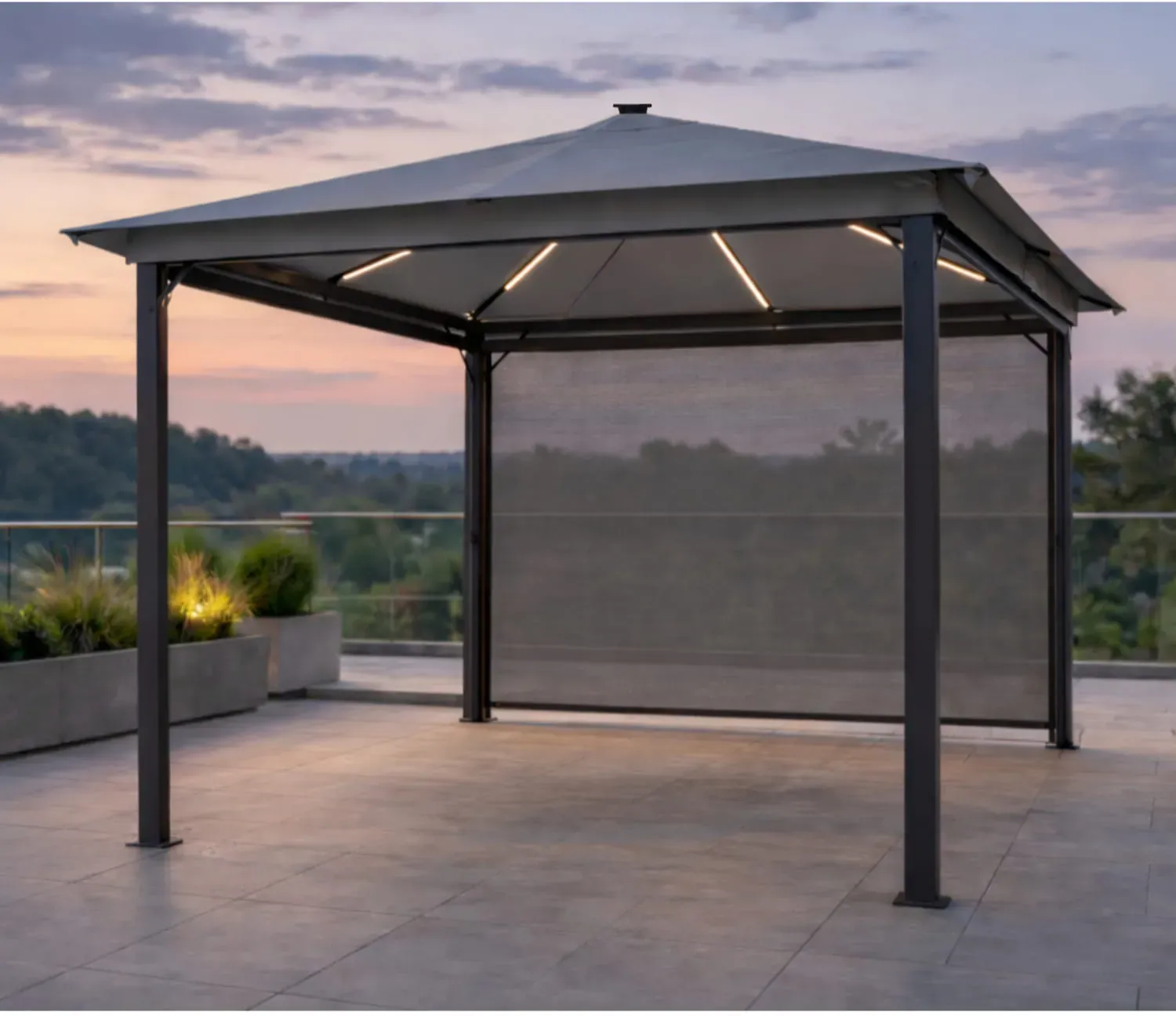 Leco Solar-Pavillon "Zoe" mit LED-Beleuchtung und Gittergewebe-Rollos,lichtgrau,300 x 300 x 261 cm (L x B x H)