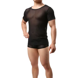 Herren T-Shirt Transparent Schwarz Netz Tank Top Shirt Nachtwäsche Männer Reizvoll Unterwäsche Slim Muscle Shirt Nylon Hemd Sexy Unterwäsche Herren Unterhemd Mesh Top durchsichtiges Oberteil (L) - L