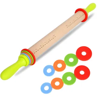 BYbrutek Buchenholz Nudelholz mit Griff, Einstellbares Teigroller mit 4 Abstandshalter für Teigdicken, Anti-Haft Backzubehör, 36cm