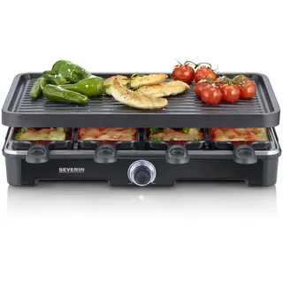 SEVERIN Raclette-Grill, Raclette mit großer Grillplatte, Keramik- & Antihaftbeschichtung, 8 Raclette Pfännchen & 8 Spatel, Tischgrill für bis zu 8 Personen, 1.400 W Leistung, schwarz, RG 9670