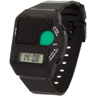Marschall sprechende Armbanduhr schwarz mit großem, grünen Knopf