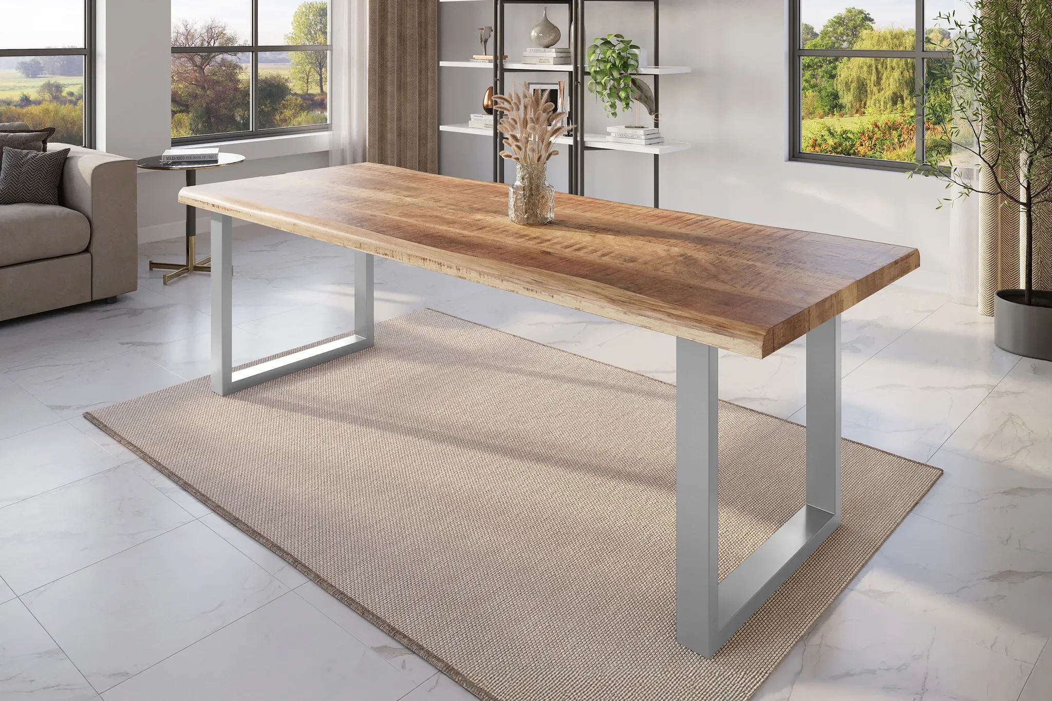 Esstisch Baumkante 300 x 100 cm Mangoholz Rough U-Gestell silber ATLAS