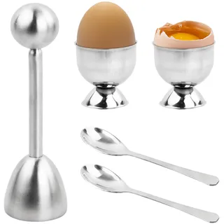 Dewocke Eierköpfer Set, 5 Pcs Eierschneider Set Edelstahl Eieröffner mit 1 x Eierköpfer, 2 x Eierbecher, 2 x Löffel, Cutter Shell Separator Entferner, Edelstahl Küchenwerkzeug