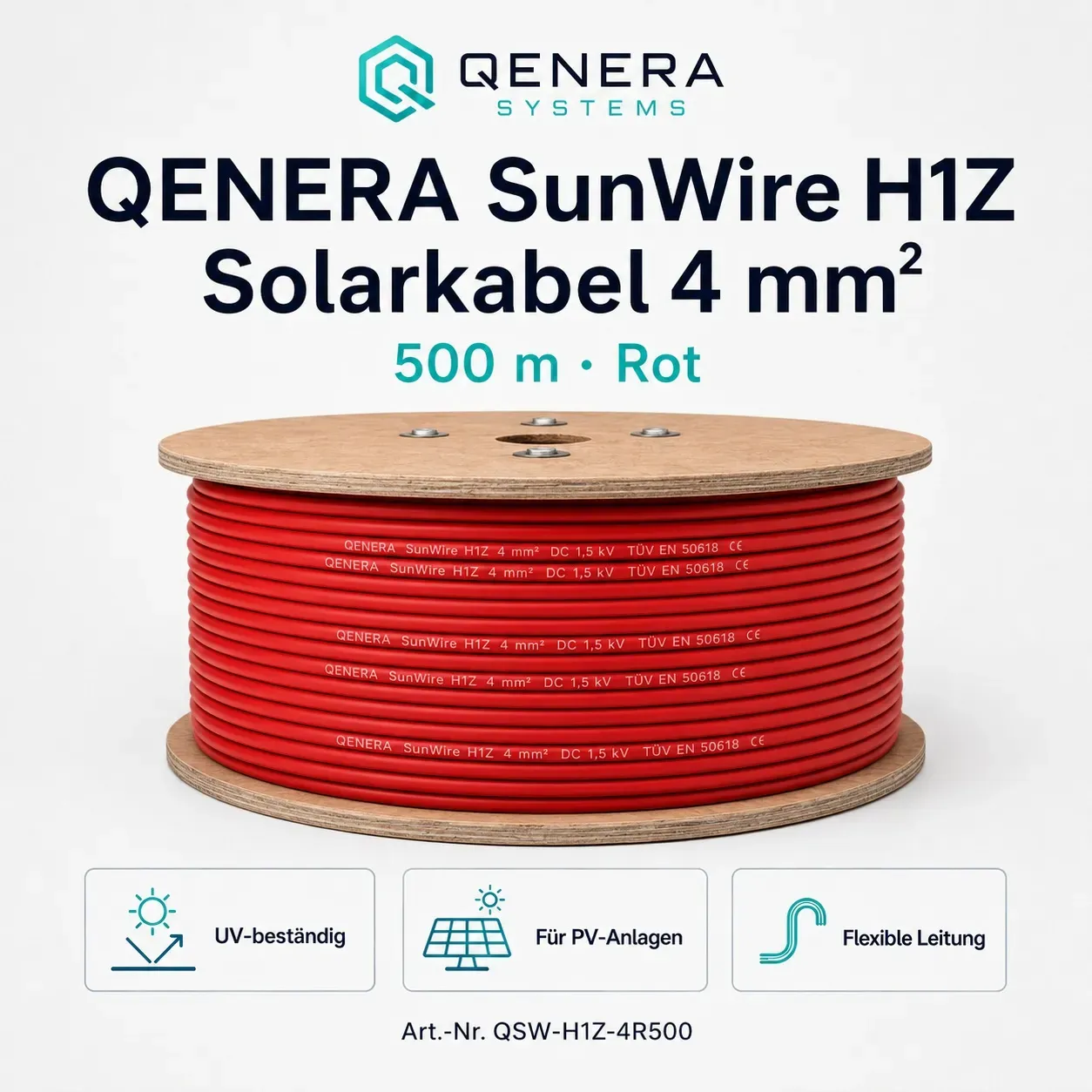 QENERA SunWire H1Z Solarkabel 4 mm2 - 500 m Rot - 0% MwSt. (gem. § 12 Abs. 3 UStG)