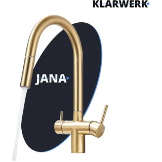 klarwerk Jana | 3 Wege Premium Gold matt ausziehbare Armatur | Edelstahl Osmose Wasserhahn Küche |Mischbatterie 360 Grad |Filter 3 Anschlüsse hoher Bogen