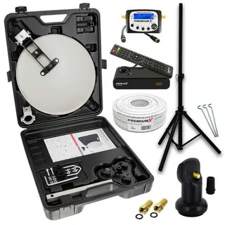 PremiumX mobile Camping SAT Anlage Satellitenschüssel TV Receiver Satelliten-Finder Single LNB 10m Kabel Koffer Camp Stativ