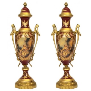 Casa Padrino Barock Porzellan Pokal Set Bordeaux Rot / Gold B20 H58 cm (2 Stück) - Grand Decor - Hotel Dekoration