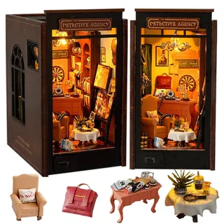 TOPBSFARNY DIY Miniatur Puppenhaus Booknook Kit, Detektivagentur Book Nook Kit, 3D Holzpuzzle Buchstütze Bücherregal Einsatz Dekor mit LED-Licht für Erwachsene
