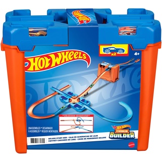 Hot Wheels Bahn Track Builder, Autorennbahn Bauset für Hot Wheels Autos, inkl. 2 Spielzeugautos, Spurwechsler, steile Kurven, Crashzone, Auto Spielzeug, Spielzeug ab 4 Jahre, GGP93