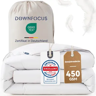 downfocus Komfort Bettdecke 220x240 | 100% Weiche Federn | Oeko-Tex, RDS Zertifiziert für Tierwohl | Ganzjahres Federbett Daunendecke 240x220cm Bezug aus 100% Baumwolle