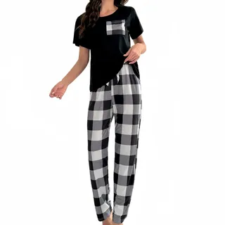 SamHeng Damen Schlafanzug Set Rund Hals Kurzarm Tops und Long Hosen Weiche Nachtwäsche Loungewear Summer Pyjamas Set lässige Nachtwäsche für Damen(Weiß/XL) - XL