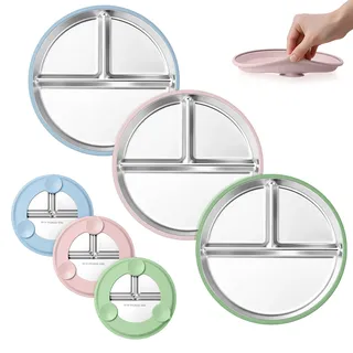 Onader Baby Teller mit Saugnapf Set, 3-tlg Edelstahl Kinderteller für Kleinkinder, Geteilter Teller Babyteller mit Rutschfest Silikonhülle für Baby-Led Weaning, Spülmaschinenfest (Blau/Rosa/Grün)