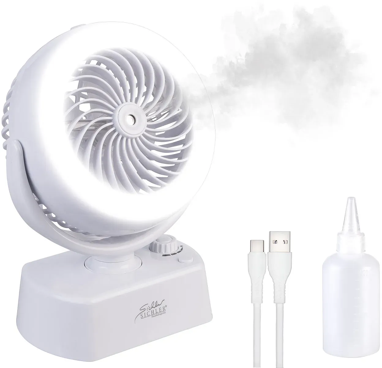Akku-Tisch-Ventilator & Vernebler, Oszilation, LED-Ring, 1.200mAh