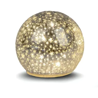 Formano LED Deko-Kugel 15 cm Sterne Silber Glaskugel Timer 6h / 18h beleuchtet -Batteriebetrieben - glänzende Crackle-Optik - Herbst Winter Weihnachtsdeko für Tisch Regal Fensterbank