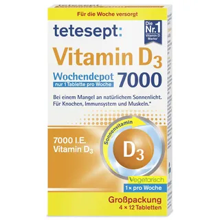 tetesept Vitamin D3 7000 Wochendepot – 4 x 12 Tabletten- Vitamin D Tabletten bei einem Mangel an natürlichem Sonnenlicht – Nahrungsergänzungsmittel für Knochen, Immunsystem & Muskeln - Vorratspackung