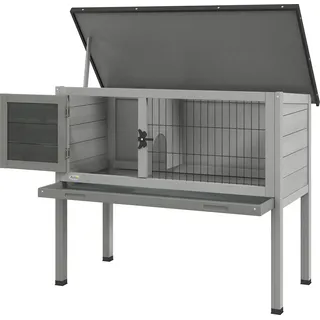 PawHut Hasenstall Kaninchenstall aus Tannenholz Winterfest Hasenkäfig mit aufklappbar Dach 84x43x70 cm Kaninchenkäfig Outdoor Kleintierstall für Hasen Kaninchen Meerschweinchen Grau   Aosom