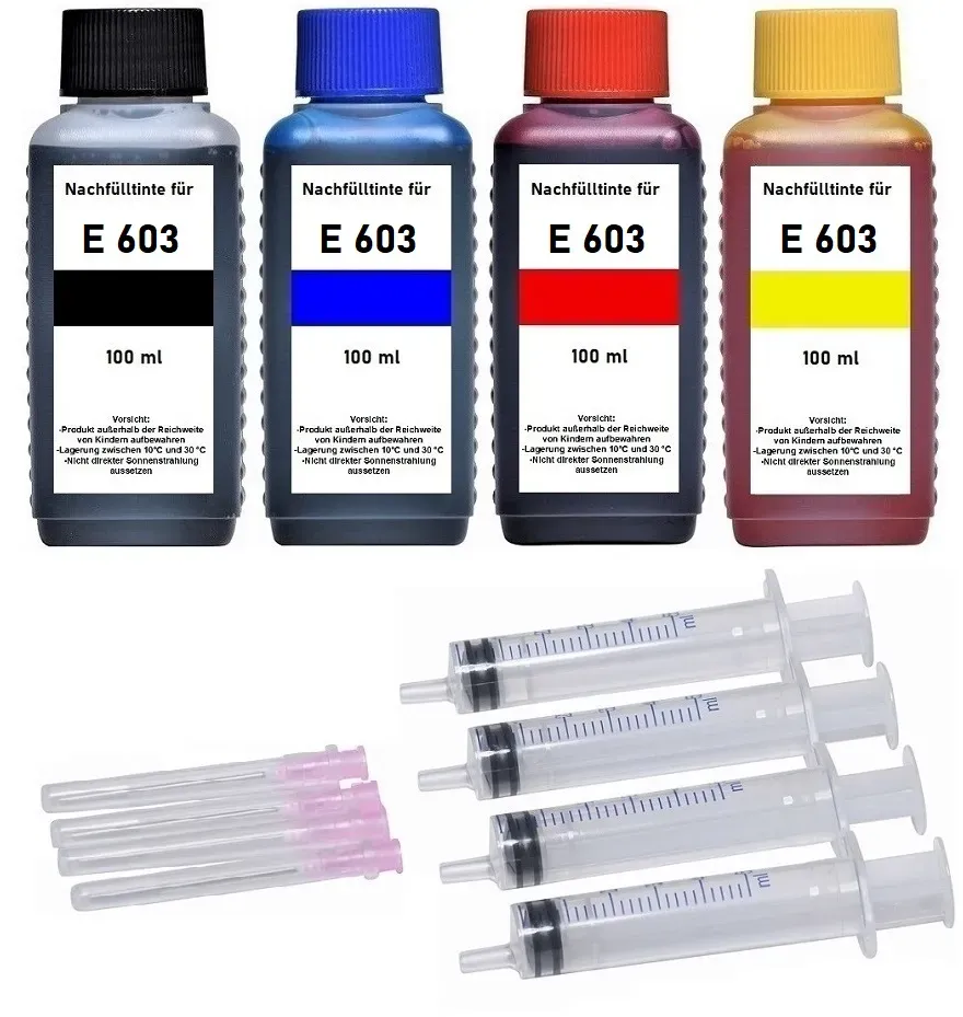 Nachfüllset für Epson 603, 603XL Druckerpatronen - 4 x 100 ml Druckertinte + Zubehör