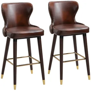 OKWISH Barhocker 2er Set 52x53x101 cm mit Rückenlehne und Fußstütze Kunstleder Braun Retro Look Metallrahmen Holzbeine