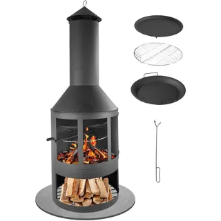 'LEMODO Gartenkamin mit Grillrost und Pfanne, Outdoor-Kamin 136 cm mit Funkenschutztür, Grillkamin für Holz mit Schornstein, Terrassenofen mit Holzablage, Feuerstelle und Gartenofen (Gartenkamin)