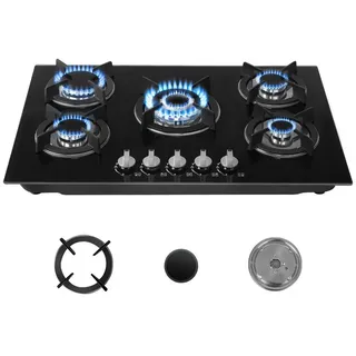 IsEasy Domino Gaskochfeld 2 Flammig,Gaskochfeld Glas mit Automatischer ,Thermoelementschutz, Schwarz Einbau Kochfeld Glas,2 Zonen 2700W/1000W, 31cm,