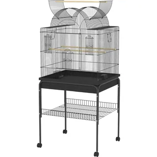 PawHut Vogelkäfig groß Wellensittichkäfig mit Tablett, Ablagefläche, Futterstation, Vogelhaus mit Rollen für Kanarienvögel, Stahl 63 x 53 x 144 cm Schwarz   Aosom