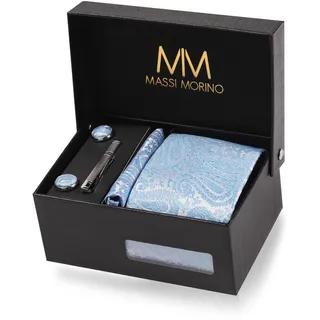 Massi Morino Krawatte Paisley Hellblau mit Einstecktuch Set Herren inkl. Manschettenknöpfe, Krawattennadel und Geschenkbox - Männer Krawattenset